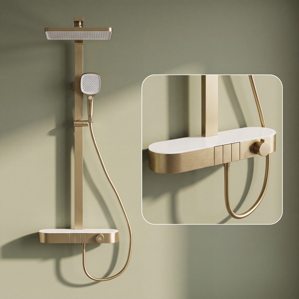 Novera Global Rain Shower Set for Bathroom – 3-in-1 Brass Shower System with Large Overhead Rain Shower, Multi-Mode Hand Shower, Waterfall Spout & Storage Shelf | Push-Button, Wall-Mounted (Brushed Gold)