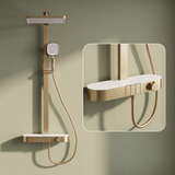 Novera Global Rain Shower Set for Bathroom – 3-in-1 Brass Shower System with Large Overhead Rain Shower, Multi-Mode Hand Shower, Waterfall Spout & Storage Shelf | Push-Button, Wall-Mounted (Brushed Gold)