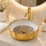 Novera Global Pearlwing Round Table Top Wash Basin with Butterfly Design, Mirror Gold & White Ceramic, 5-Year Warranty Novera Global