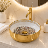 Novera Global Pearlwing Ceramic Table Top Wash Basin | Round Countertop Basin with Butterfly Art | 5-Year Warranty | Glossy White Interior & Mirror Gold Exterior, Above Counter Vessel Sink for Bathroom Vanity, Countertop Wash Bowl (Gold & White)