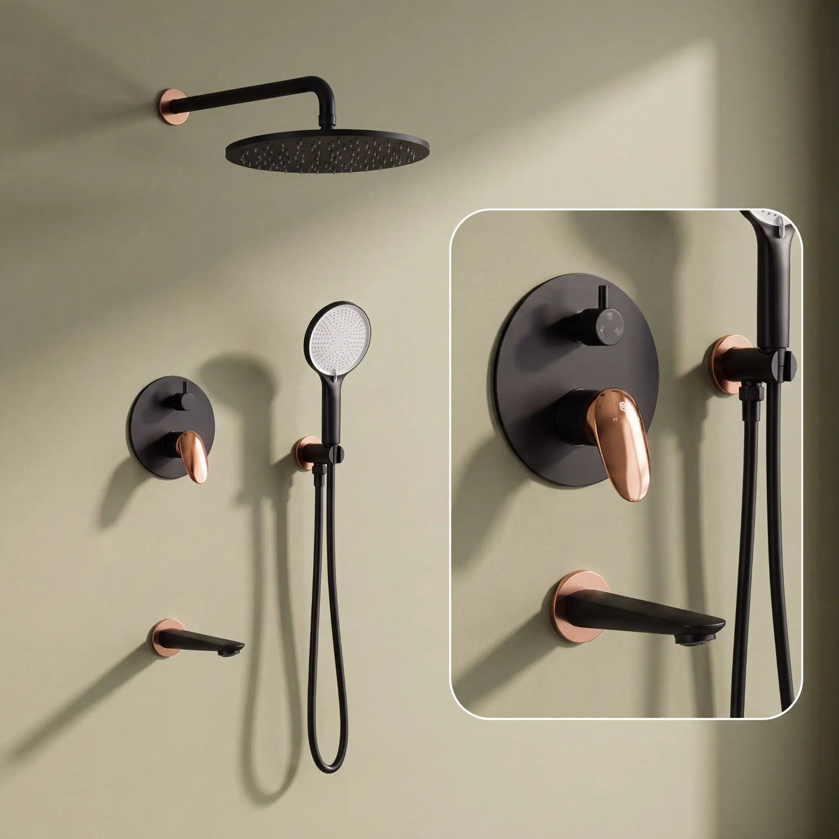 Novera Global Concealed Shower Set for Bathroom – 3-in-1 In-Wall Brass Shower System with Overhead Rain Shower, Hand Shower & Wall Spout, Diverter & Hot/Cold Mixer (Matte Black with Rose-Gold Accents) Novera Global