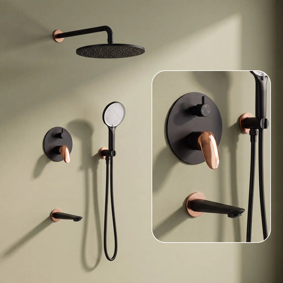 Novera Global Concealed Shower Set for Bathroom – 3-in-1 In-Wall Brass Shower System with Overhead Rain Shower, Hand Shower & Wall Spout, Diverter & Hot/Cold Mixer (Matte Black with Rose-Gold Accents) Novera Global