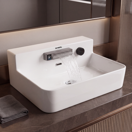 Novera Global FLOWBOX Ceramic Wash Basin for Bathroom with Built-In Faucet, Rain & Cascade Dual Water Flow, Hot Cold Mixer, Tabletop & Wall-Mount Installation, Glossy White, 60.5 × 47 × 24.5 cm
