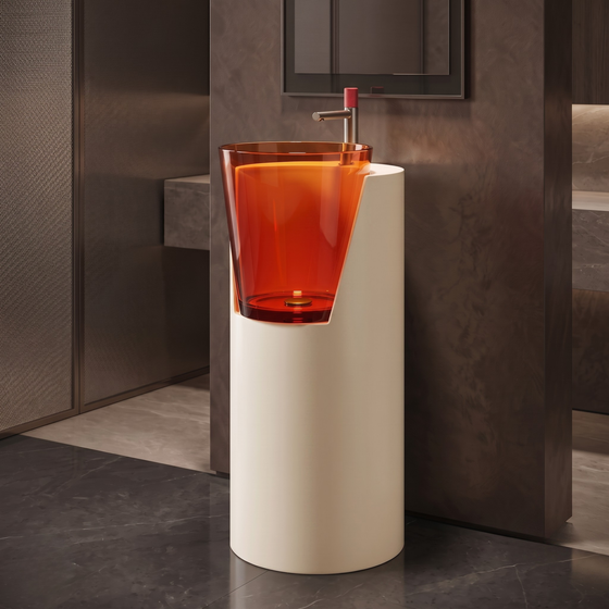 Novera Global Crest Luxury Freestanding Pedestal Wash Basin | 10-Years Warranty | Resin & Solid Surface Floor Standing Designer Bathroom Sink with Translucent Red Bowl | Drainer Included, 400 × 467 × 900 mm