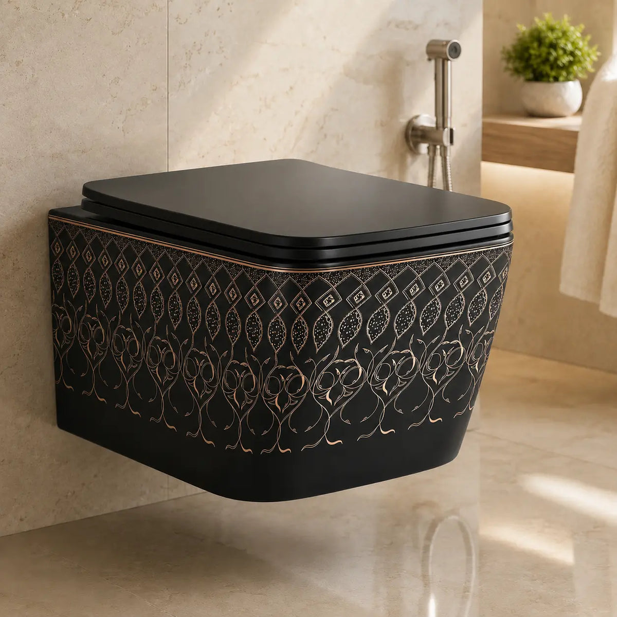 Novera Artistic Black Wall Hung Western Toilet with Rose Gold Pattern