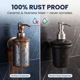 Comparison of an ordinary rusted soap dispenser and a Novera soap dispenser on a tiled wall background.