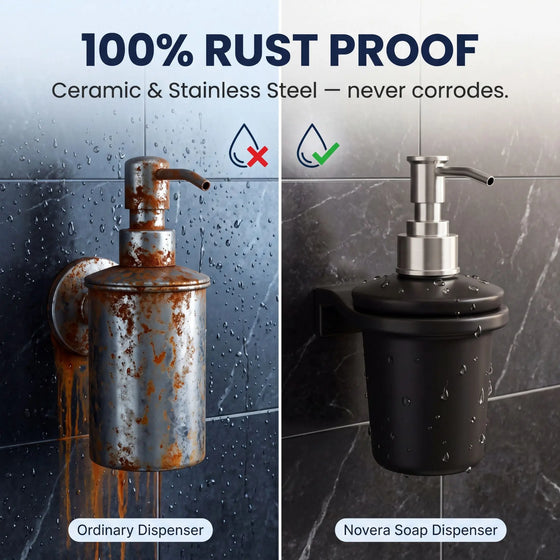 Comparison of an ordinary rusted soap dispenser and a Novera soap dispenser on a tiled wall background.