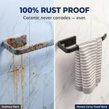 Comparison of an ordinary rusted towel rack and a Novera Cerva towel rack with a striped towel on a tiled wall.