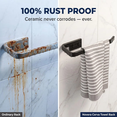 Comparison of an ordinary rusted towel rack and a Novera Cerva towel rack with a striped towel on a tiled wall.