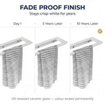 Towel rack with towels showing fade resistance over time on a white background