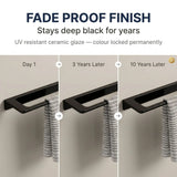Towel rack with black finish showing color retention over time against a neutral background.