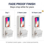 Phone holder with toilet paper display showing color retention over time.