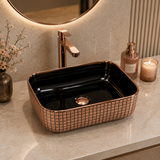 Novera Global Ceramic Table Top Wash Basin | Glossy Rectangular Vessel Sink | Above Counter Vessel Sink for Bathroom Vanity | 5-Year Warranty | Imported Glossy Countertop Wash Bowl (Black & Rose Gold)