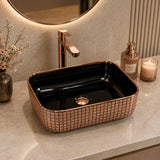 Novera Global Ceramic Table Top Wash Basin | Glossy Rectangular Vessel Sink | Above Counter Vessel Sink for Bathroom Vanity | 5-Year Warranty | Imported Glossy Countertop Wash Bowl (Black & Rose Gold) Novera Global
