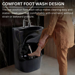 Person using a foot wash design in a bathroom setting