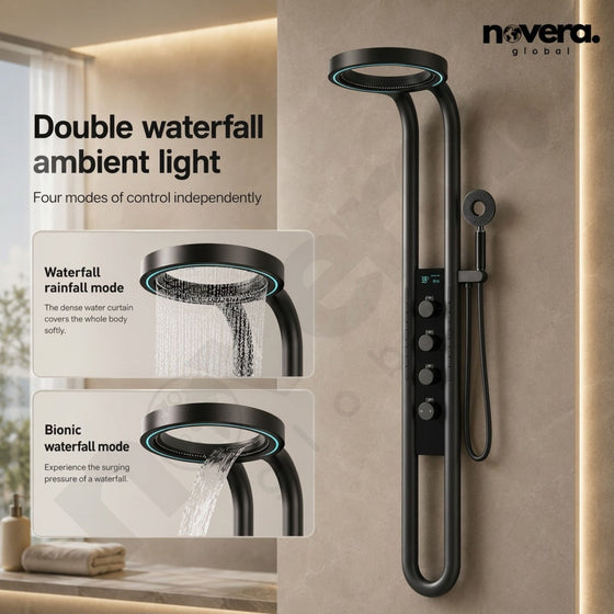 Novera Global Halo Shower Panel System –4-in-1 Waterfall Rainfall Overhead Shower, Thermostatic Mixer with Hot & Cold Dual Knob | 5-Year Warranty | SPA Body Jets, 3-Mode Handheld & Foot-Wash Outlet (Black)