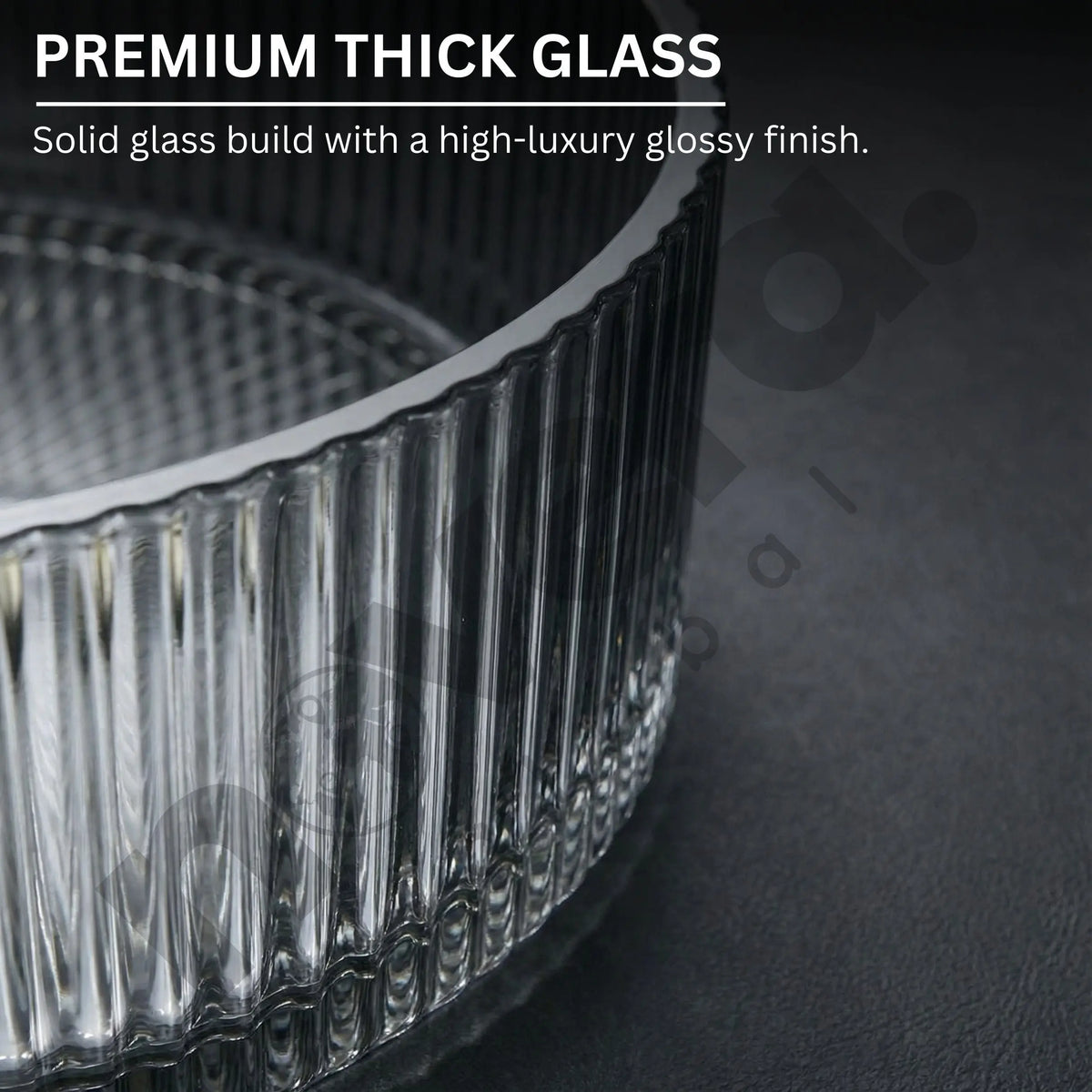 Close-up of a premium thick glass product with text highlighting its features.