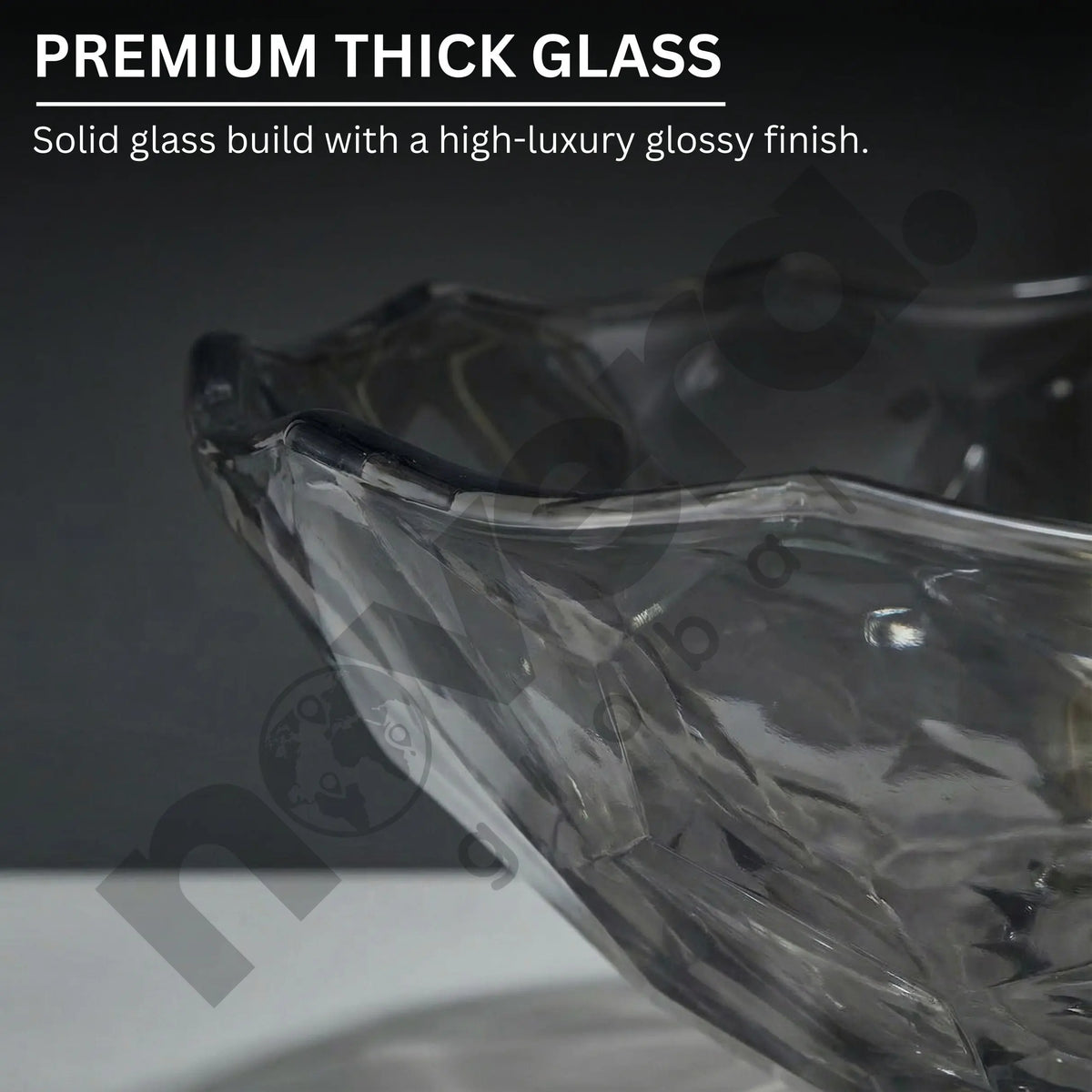 Clear glass product with text highlighting premium thick glass quality.