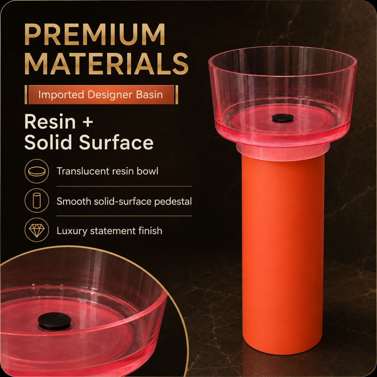 Novera Global Duet Pedestal Wash Basin | 10-Years Warranty | Freestanding Resin + Solid Surface, Translucent Rose Pink Bowl with Orange Pedestal | Floor Standing Designer Basin with Black Drainer, 450 x 450 x 900 mm