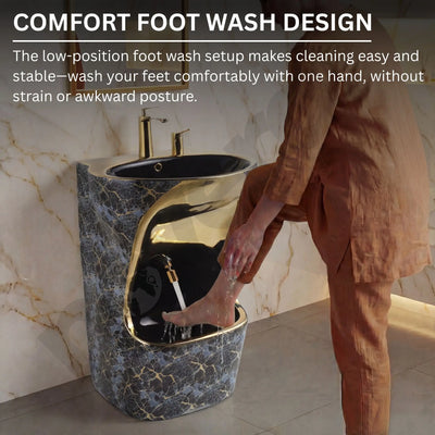 Person washing feet in a marble foot wash basin with text about comfort and ease of use.