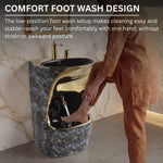 Person washing feet in a marble foot wash basin with text about comfort and ease of use.