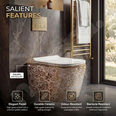 Decorative toilet with gold patterns in a bathroom setting, featuring salient features text.