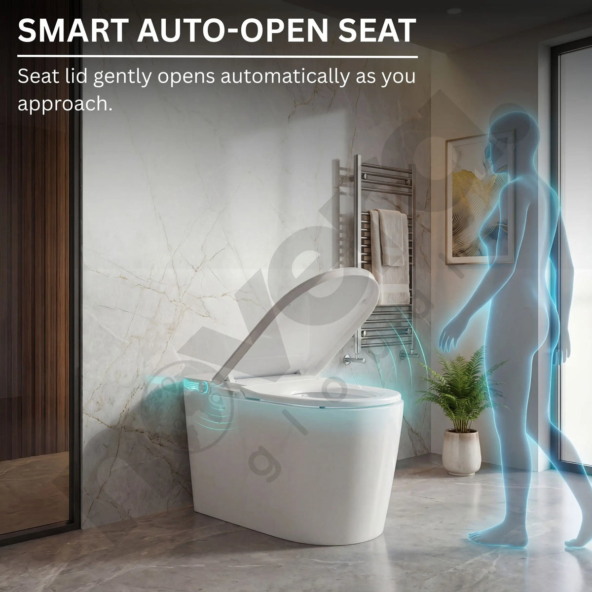 Smart auto-open toilet seat in a modern bathroom with a person approaching.