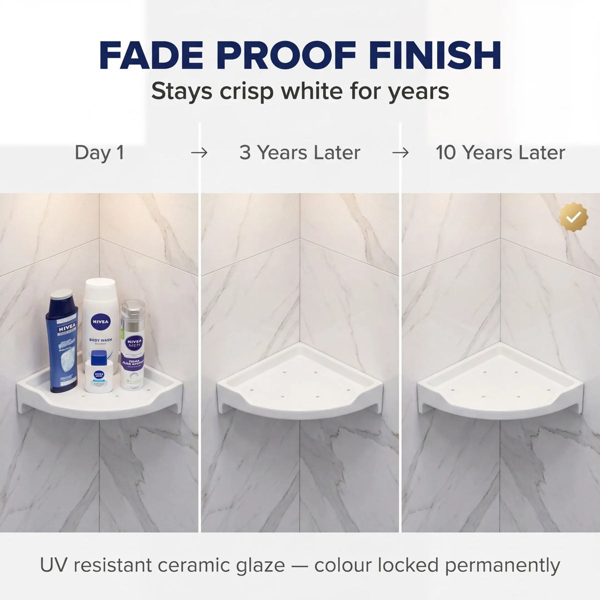 Fade Proof White Ceramic Corner Shelf – Long Lasting Bathroom Shower Storage Rack