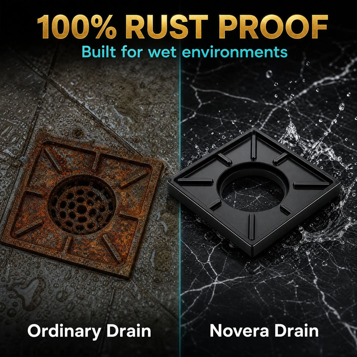 Novera Global Ceramic Square Tile Insert Floor | Invisible Bathroom Drain Jali | 10-Year Warranty | odor blocker drain | Rust & Fade Proof Floor Waste Drain for Shower, Kitchen & Balcony (Black) Novera Global