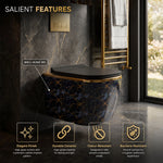 Wall-hung toilet with marble design in a bathroom setting, featuring salient features.