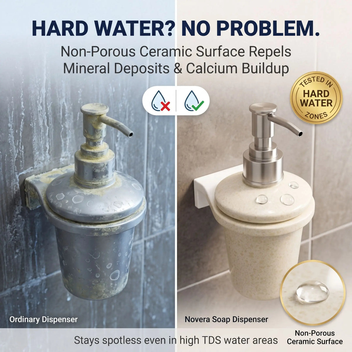 Soap dispenser comparison showing ordinary dispenser with mineral deposits and Novera soap dispenser with non-porous ceramic surface.