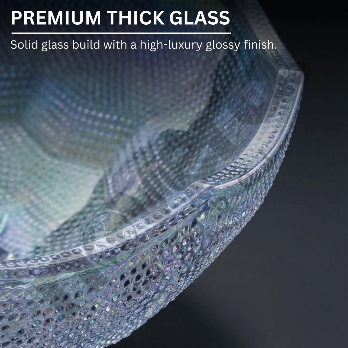 Close-up of a premium thick glass product with a high-luxury glossy finish on a dark background.