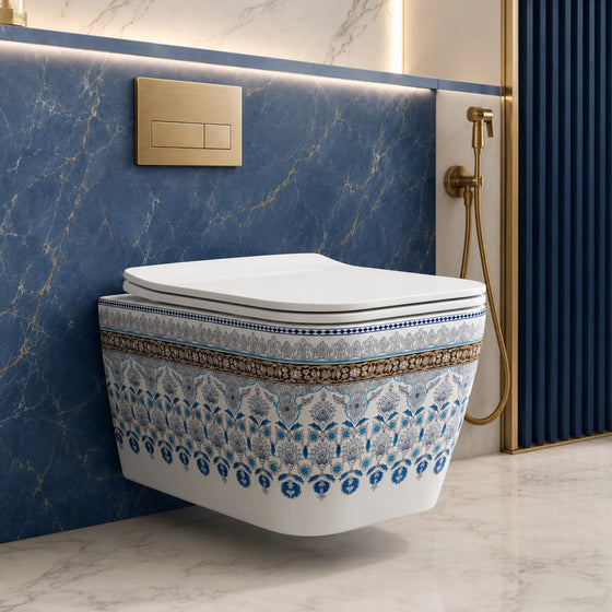 Luxury Blue Pattern Wall Mounted Ceramic Western Commode