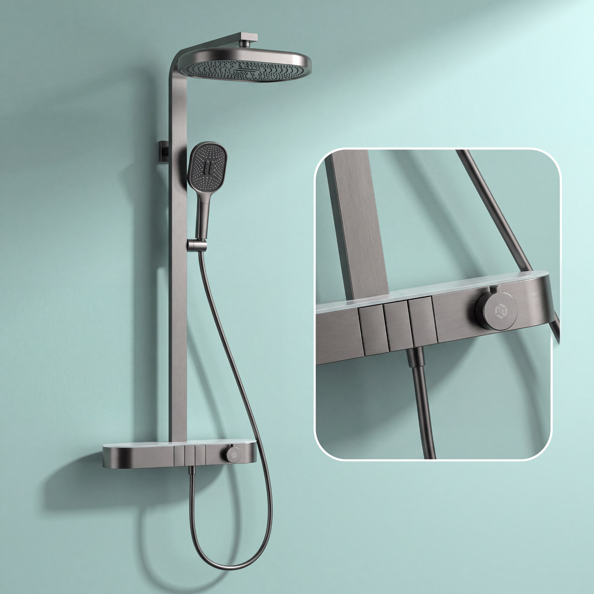 Novera Global Arch Rain Shower Set for Bathroom – 3-in-1 Brass Shower System with Large Oval Overhead Rain Shower, Multi-Mode Hand Shower, Waterfall Spout & Storage Shelf | Push-Button, Wall-Mounted (Gunmetal Grey)