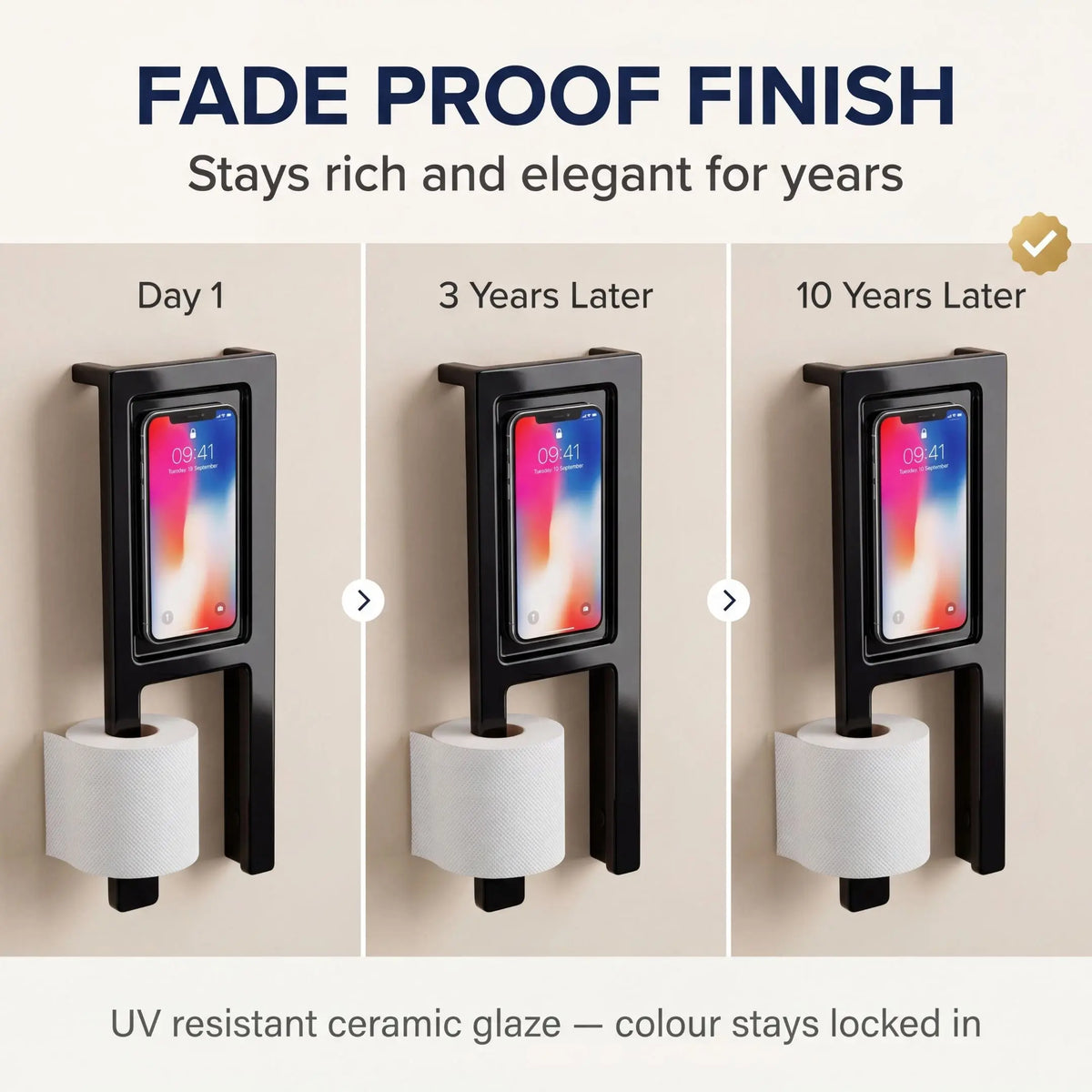 Phone holder with smartphone displaying colorful screen over time on a beige background