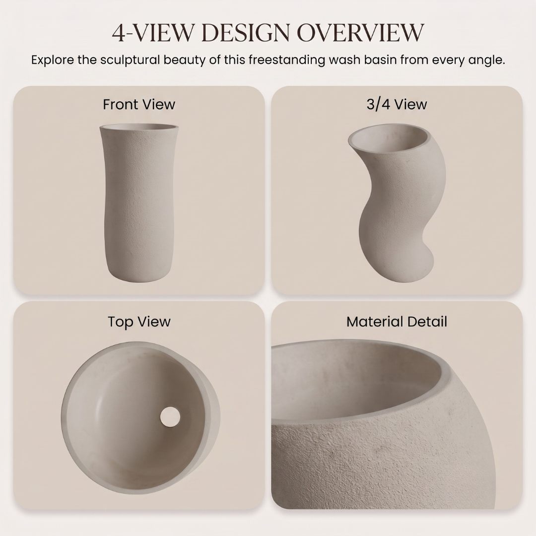 Novera Global Sway Freestanding Pedestal Wash Basin | 10-Years Warranty | Roca Series Artificial Stone Floor Standing Designer Basin | Luxury Pedestal Basin Bathroom Sink in Japanese Shape | Textured Matte Ivory Finish