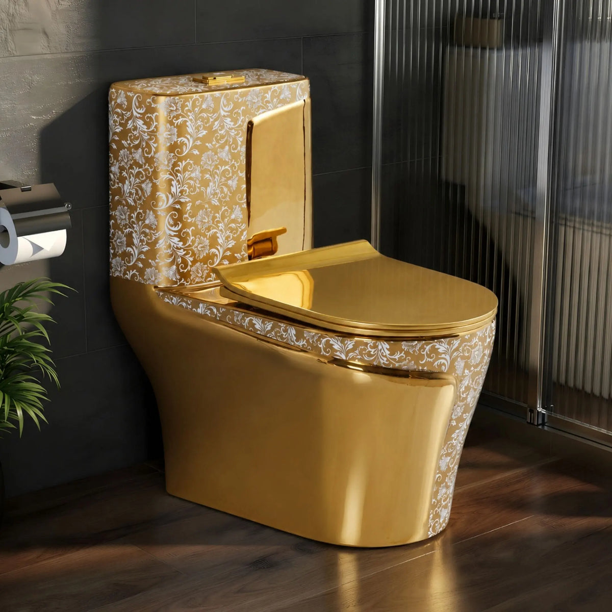 Luxury Gold Floor Mounted Western Commode with Floral Design