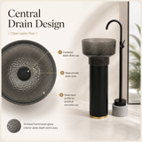 Novera Global Hammer Freestanding Pedestal Wash Basin | Round Smoked Glass Bowl with Matte Black Solid Surface Pedestal & Gold Accent | 10-Years Warranty | Floor Standing Wash Basin | 450 × 450 × 900 mm