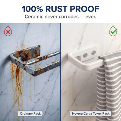 Comparison of an ordinary rusted towel rack and a Novera Cerva towel rack on a marble wall.