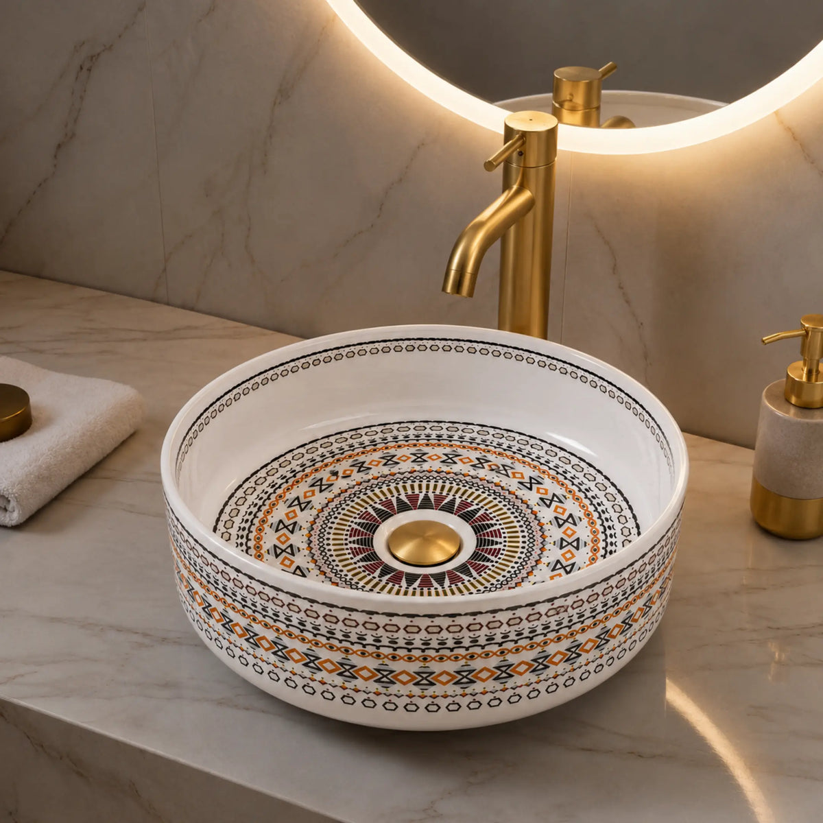 Novera Global Designer Ceramic Table Top Wash Basin | Round Above Counter Vessel Sink for Bathroom Vanity | 5-Years Warranty | Mandala Art Countertop Wash Bowl | Glossy Finish Wash Basin (WHITE) Novera Global