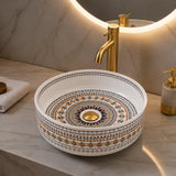 Novera Global Designer Ceramic Table Top Wash Basin | Round Above Counter Vessel Sink for Bathroom Vanity | 5-Years Warranty | Mandala Art Countertop Wash Bowl | Glossy Finish Wash Basin (WHITE) Novera Global