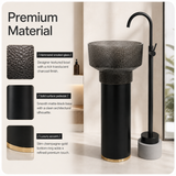 Novera Global Hammer Freestanding Pedestal Wash Basin | Round Smoked Glass Bowl with Matte Black Solid Surface Pedestal & Gold Accent | 10-Years Warranty | Floor Standing Wash Basin | 450 × 450 × 900 mm