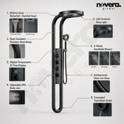 Novera Global Halo Shower Panel System –4-in-1 Waterfall Rainfall Overhead Shower, Thermostatic Mixer with Hot & Cold Dual Knob | 5-Year Warranty | SPA Body Jets, 3-Mode Handheld & Foot-Wash Outlet (Black)