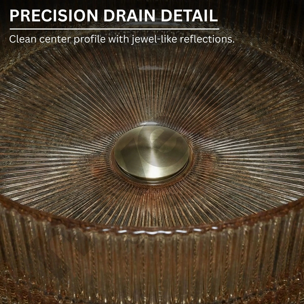 Close-up of a metallic drain with textured rim and central circular feature.