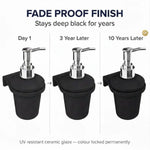 Black soap dispenser with silver pump over time showing fade resistance.