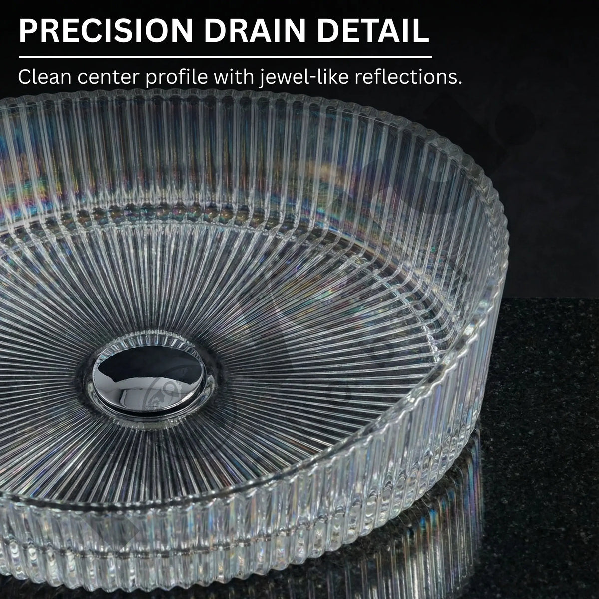 Clear precision drain with detailed design on a black background