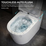 Touchless auto flush toilet with water swirling in the bowl, labeled 'Hands-free flushing activates instantly after every use.'.