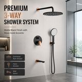 Novera Global Concealed Shower Set for Bathroom – 3-in-1 In-Wall Brass Shower System with Overhead Rain Shower, Hand Shower & Wall Spout, Diverter & Hot/Cold Mixer (Matte Black with Rose-Gold Accents)