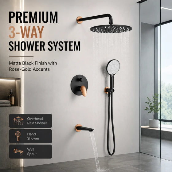 Novera Global Concealed Shower Set for Bathroom – 3-in-1 In-Wall Brass Shower System with Overhead Rain Shower, Hand Shower & Wall Spout, Diverter & Hot/Cold Mixer (Matte Black with Rose-Gold Accents) Novera Global