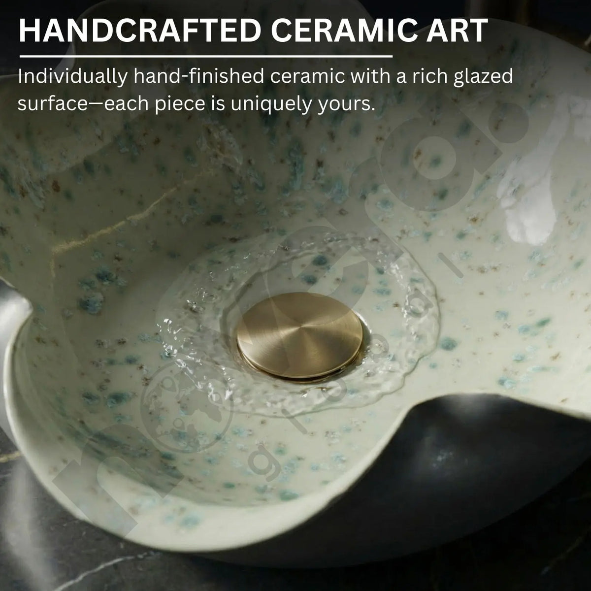 Handcrafted ceramic art piece with a rich glazed surface and gold accent.